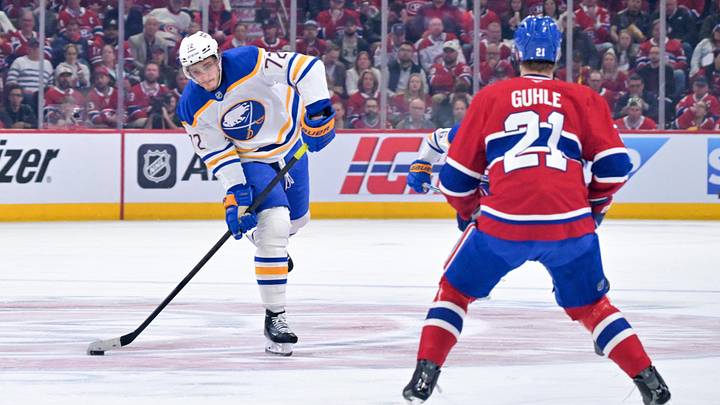 May 12, 2026; Montreal, Quebec, CAN; Buffalo Sabres forward Tage Thompson (72) scores a goal on a bad bounce while dumping the puck in the corner during the second period against the Montreal Canadiens in game four of the second round of the 2026 Stanley Cup Playoffs at Bell Centre. Mandatory Credit: Eric Bolte-Imagn Images