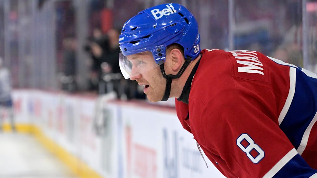 Mar 10, 2026; Montreal, Quebec, CAN; Montreal Canadiens defenseman Mike Matheson (8) warms up before the game against the Toronto Maple Leafs at the Bell Centre. Mandatory Credit: Eric Bolte-Imagn Images