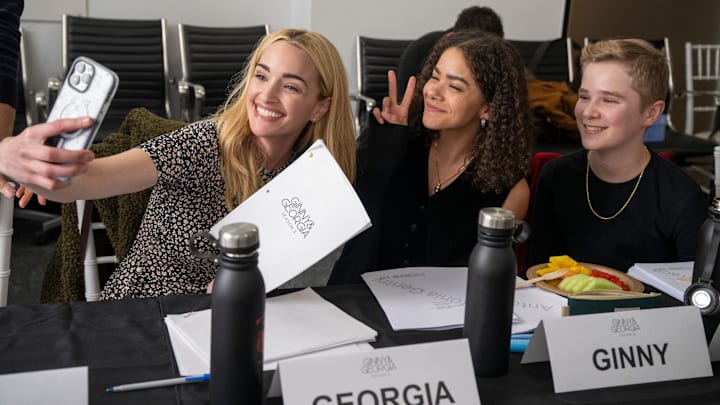Ginny & Georgia. (L to R) Brianne Howey as Georgia, Antonia Gentry as Ginny, Diesel La Torraca as Austin Miller at the Ginny & Georgia Season 3 Table Read. Cr. Amanda Matlovich/Netflix © 2024