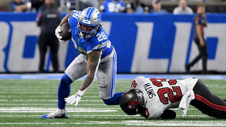 Detroit Lions running back Jahmyr Gibbs (26).