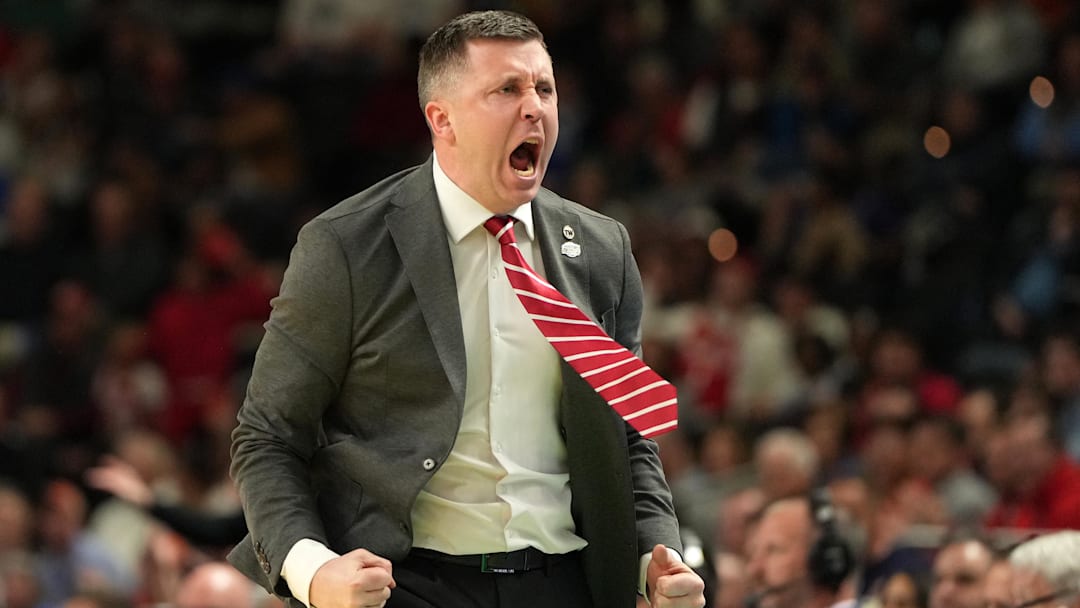 Mar 19, 2026; Greenville, SC, USA; Ohio State Buckeyes head coach Jake Diebler reacts against the Texas Christian University Horned Frogs in the second half during a first round game of the men's 2026 NCAA Tournament at Bon Secours Wellness Arena. Mandatory Credit: Bob Donnan-Imagn Images