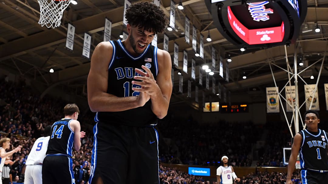 Dec 2, 2025; Durham, North Carolina, USA; Duke Blue Devils forward Cameron Boozer (12) reacts after forcing a turnover against the Florida Gators during the first half at Cameron Indoor Stadium. Mandatory Credit: Rob Kinnan-Imagn Images