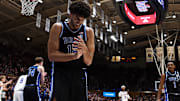 Dec 2, 2025; Durham, North Carolina, USA; Duke Blue Devils forward Cameron Boozer (12) reacts after forcing a turnover against the Florida Gators during the first half at Cameron Indoor Stadium. Mandatory Credit: Rob Kinnan-Imagn Images