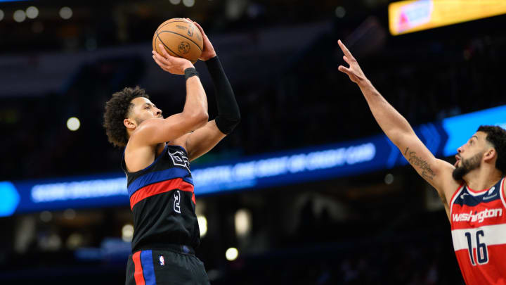 Mar 29, 2024; Washington, District of Columbia, USA; Detroit Pistons guard Cade Cunningham (2) shoots the ball over Washington Wizards forward Anthony Gill (16) during the third quarter at Capital One Arena. Mandatory Credit: Reggie Hildred-USA TODAY Sports