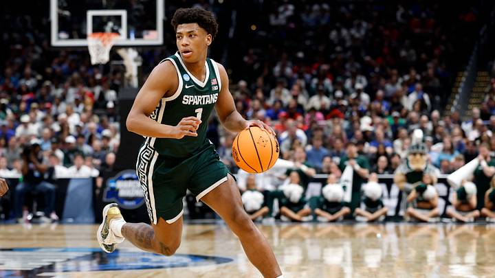 Mar 27, 2026; Washington, DC, USA; Michigan State Spartans guard Jeremy Fears Jr. (1) dribbles the ball against the UConn Huskies in the first half during a Sweet Sixteen game of the East Regional of the men's 2026 NCAA Tournament at Capital One Arena. Mandatory Credit: Amber Searls-Imagn Images