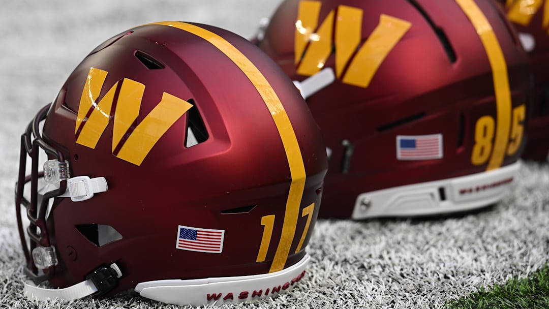 Dec 7, 2025; Minneapolis, Minnesota, USA; A detail view of the Washington Commanders helmet before the game at U.S. Bank Stadium. Mandatory Credit: Jeffrey Becker-Imagn Images