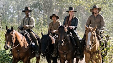 THE ABANDONS. (L to R) Lamar Johnson as Albert Mason, Natalia del Riego as Lilla Belle, Lena Headey as Fiona Nolan, and Nick Robinson as Elias Teller in Episode 106 of The Abandons