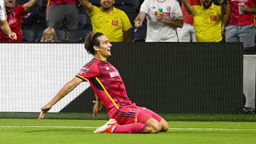 Aug 9, 2024; St. Louis, Missouri, USA; St. Louis City SC forward Simon Becher (11) celebrates his goal against the Portland Timbers at CITYPARK. Mandatory Credit: Scott Rovak-USA TODAY Sports