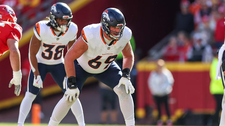 November 10, 2024: Denver Broncos offensive tackle Mike McGlinchey (69) during a game against the Kansas City Chiefs at GEHA Field at Arrowhead Stadium in Kansas City, MO. CSM Kansas City United States of America.
