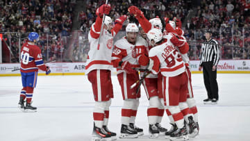 Apr 16, 2024; Montreal, Quebec, CAN; Detroit Red Wings forward David Perron (57) celebrates with