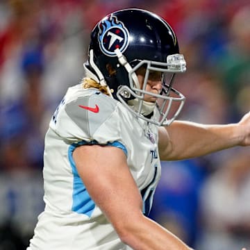 Tennessee Titans punter Ryan Stonehouse (4) punt during the second quarter against the Buffalo Bills at Highmark Stadium Monday, Sept. 19, 2022, in Orchard Park, N.Y.

Nfl Tennessee Titans At Buffalo Bills