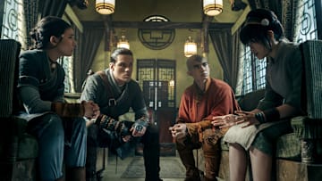 (L to R) Kiawentiio Tarbell as Katara, Ian Ousley as Sokka, Gordan Cormier as Aang, Miya Cech as Toph in season 2 of Avatar: The Last Airbender