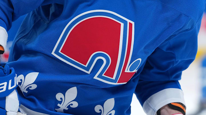 Jan 29, 2026; Montreal, Quebec, CAN; Quebec Nordiques logo on Colorado Avalanche forward Valeri Nichushkin (13) during the warmup before the game against the Montreal Canadiens at the Bell Centre. Mandatory Credit: Eric Bolte-Imagn Images