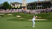 Jun 8, 2024; Dublin, Ohio, USA; Scottie Scheffler hits from the 18th fairway during the third round of the Memorial Tournament at Muirfield Village Golf Club.