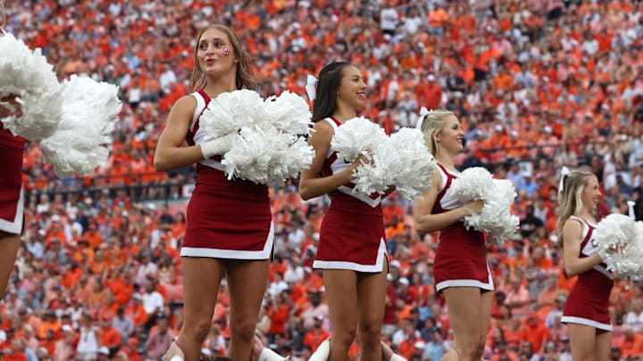 The Oklahoma Sooners cheerleaders perform during the fourth quarter of the game against the Auburn Tigers 