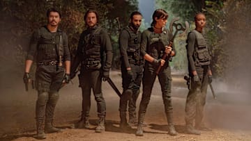 The Old Guard 2 (L-R) Henry Golding as Tuah, Luca Marinelli as Nicky, Marwan Kenzari as Joe, Charlize Theron as Andy and KiKi Layne as Nile in The Old Guard 2. Cr. Eli Joshua Ade/Netflix © 2025