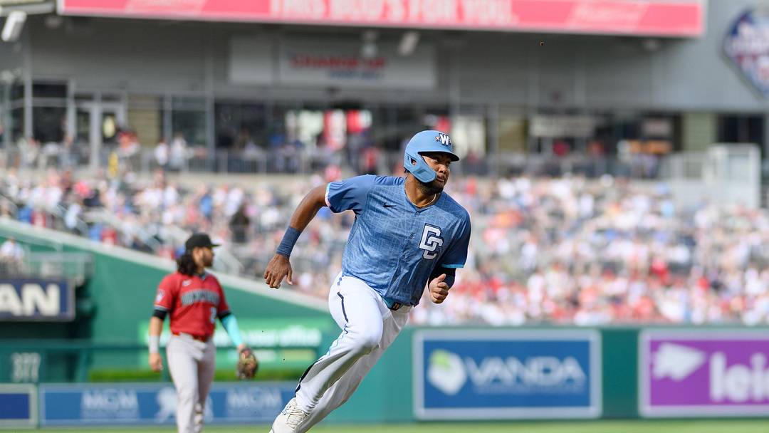 Apr 5, 2025; Washington, District of Columbia, USA; Washington Nationals outfielder James Wood (29) rounds third base to score during the first inning against the Arizona Diamondbacks at Nationals Park. 