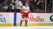 Mar 12, 2025; Detroit, Michigan, USA; Detroit Red Wings right wing Patrick Kane (88) celebrates after scoring a goal against the Buffalo Sabres in the first period at Little Caesars Arena. Mandatory Credit: Lon Horwedel-Imagn Images