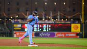 Jul 29, 2024; Baltimore, Maryland, USA; Toronto Blue Jays first baseman Vladimir Guerrero Jr. (27) rounds third base after hitting a home run during the eighth inning against the Baltimore Orioles at Oriole Park at Camden Yards.