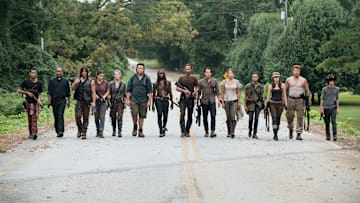 Tyler James Williams as Noah, Seth Gilliam as Father Gabriel, Norman Reedus as Daryl Dixon, Alanna Masterson as Tara Chambler, Melissa McBride as Carol Peletier, Josh McDermitt as Dr. Eugene Porter, Danai Gurira as Michonne, Andrew Lincoln as Rick Grimes, Steven Yeun as Glenn Rhee, Lauren Cohan as Maggie Greene, Sonequa Martin-Green as Sasha, Christian Serratos as Rosita Espinosa, Michael Cudlitz as Abraham and Chandler Riggs as Carl Grimes - The Walking Dead season 5