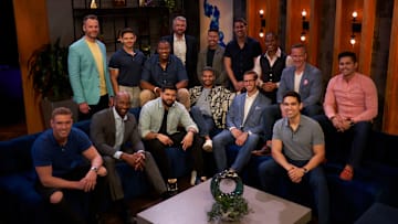 Love Is Blind S2. (L to R) Shayne Jansen, Nick Thompson, Brandon McGhee, Kyle Abrams, Jarrette Jones, Haseeb Hussain, Joey Miller, Abhishek Chatterjee, Brian Ngo, Vito Slamone, Jason Beaumont, Rocky Smith, Jeremy Hartwell, Salvador Perez, Julius Cacho in Love Is Blind S2. Cr. Ser Baffo/Netflix © 2022