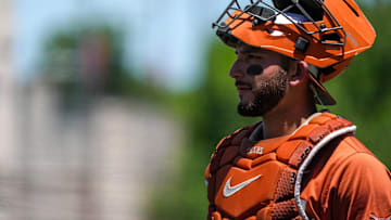 Texas Longhorns catcher Rylan Galvan (6) walks to home plate during the game against Florida at UFCU Disch-Falk Field on Sunday, May 11, 2025 in Austin.