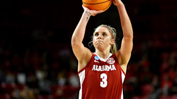 Mar 24, 2025; College Park, Maryland, USA; Alabama Crimson Tide guard Sarah Ashlee Barker (3) attempts a free throw during the first half against the Maryland Terrapins at Xfinity Center. Mandatory Credit: Daniel Kucin Jr.-Imagn Images