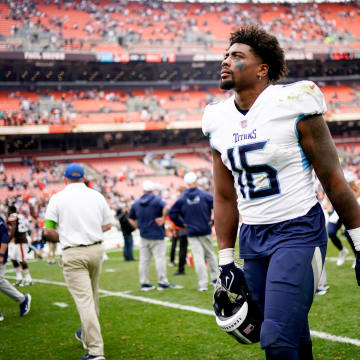 Sep 24, 2023; Cleveland, Ohio, USA; Tennessee Titans wide receiver Treylon Burks (16) leaves the field after losing to the Cleveland Browns at Cleveland Browns Stadium. Mandatory Credit: Andrew Nelles-USA TODAY Sports