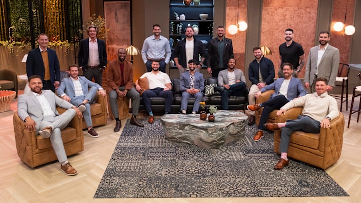 Love is Blind. (L to R) Devonta Anderson, Brennan O'Callaghan, Steven Sunday, Tyler Hunt, Kevan Jones, Miguel Josue Lopez, Alex Henderson, Jordan Faeth, Dr Haramol Gill, Parker Knapp, Dr Vic St John, Connor Spies, Kevin Verhoef, Mike Gibney, Alex Lowrie, Chris Fusco in episode 1001 of Love is Blind
