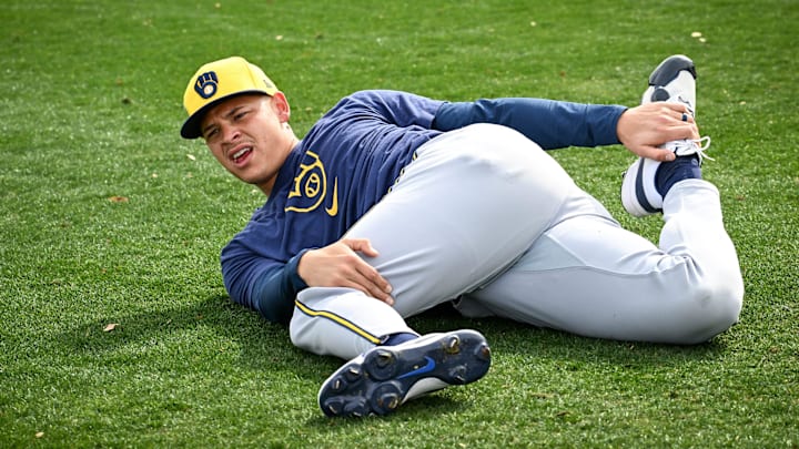 Milwaukee Brewers pitcher Tobias Myers stretches during spring training workouts Monday, February 17, 2025, at American Family Fields of Phoenix in Phoenix, Arizona.