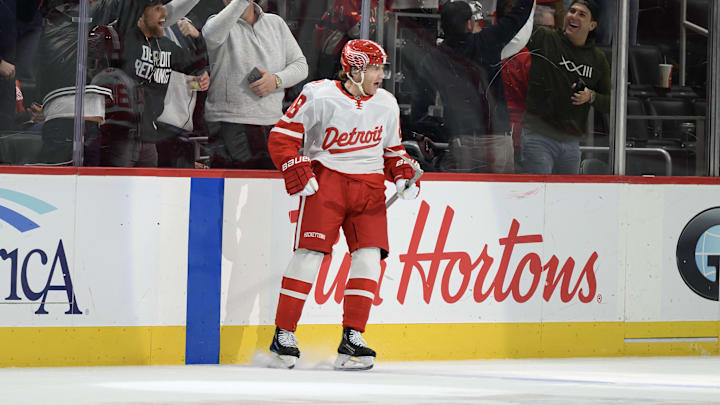 Mar 12, 2025; Detroit, Michigan, USA; Detroit Red Wings right wing Patrick Kane (88) celebrates after scoring a goal against the Buffalo Sabres in the first period at Little Caesars Arena. Mandatory Credit: Lon Horwedel-Imagn Images