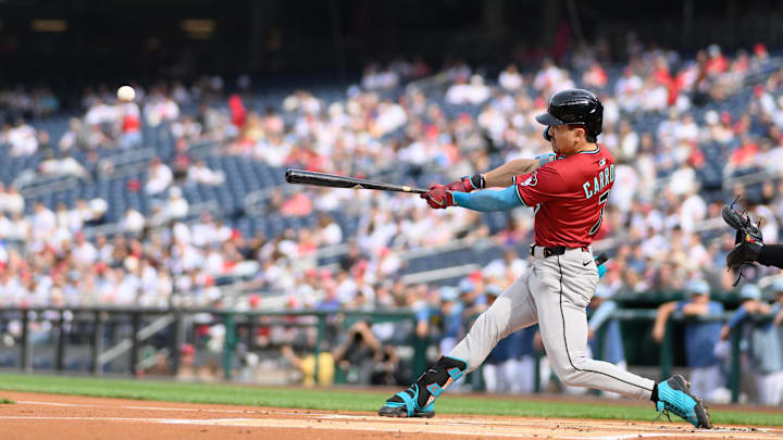 Apr 5, 2025; Washington, District of Columbia, USA; Arizona Diamondbacks outfielder Corbin Carroll (7) at bat during the first inning against the Washington Nationals at Nationals Park. Mandatory Credit: Reggie Hildred-Imagn Images