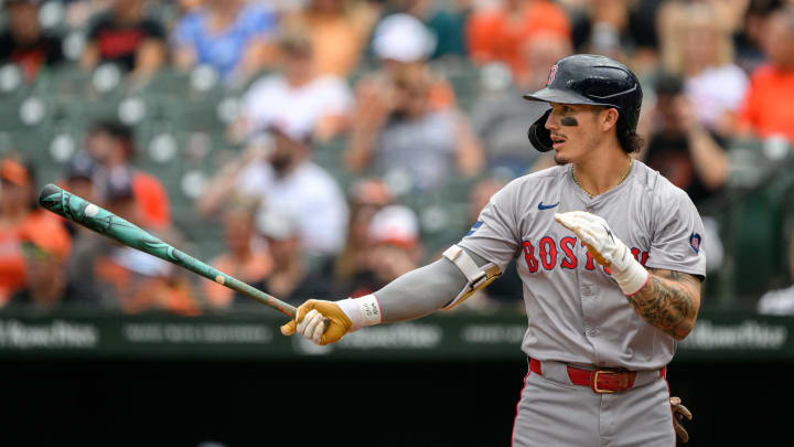 Aug 18, 2024; Baltimore, Maryland, USA; Boston Red Sox outfielder Jarren Duran (16) at the plate during the first inning against the Baltimore Orioles at Oriole Park at Camden Yards. Mandatory Credit: Reggie Hildred-USA TODAY Sports