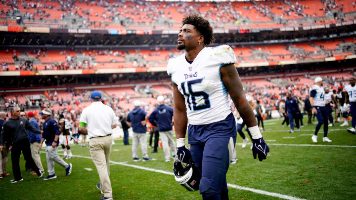 Sep 24, 2023; Cleveland, Ohio, USA; Tennessee Titans wide receiver Treylon Burks (16) leaves the field after losing to the Cleveland Browns at Cleveland Browns Stadium. Mandatory Credit: Andrew Nelles-USA TODAY Sports