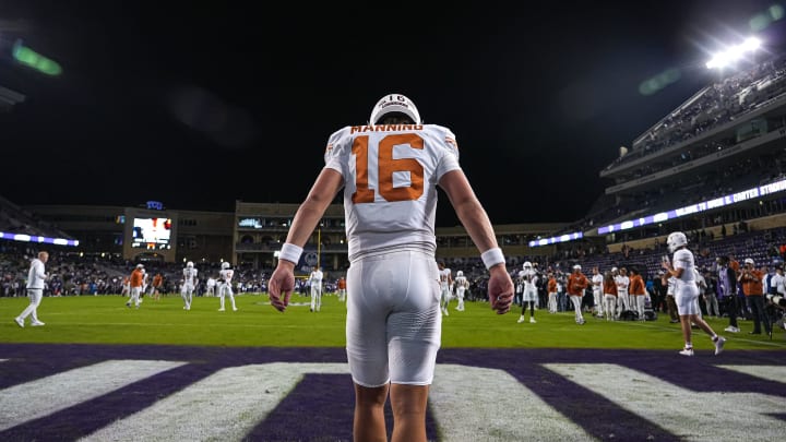 Texas Longhorns quarterback Arch Manning (16) warms up ahead of the game against Texas Christian University at Amon G. Carter Stadium on Saturday, Nov. 11, 2023 in Fort Worth, Texas.