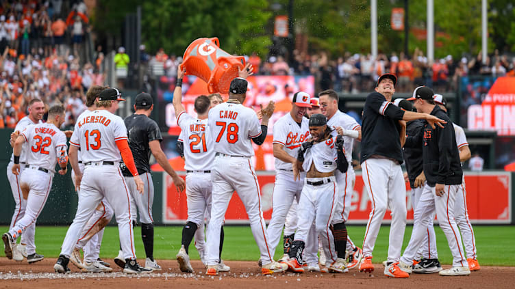 Sep 17, 2023; Baltimore, Maryland, USA; The Baltimore Orioles celebrate after clinching a playoff spot on Sunday