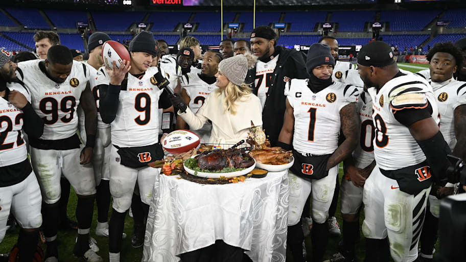 Cincinnati Bengals quarterback Joe Burrow speaks to the media