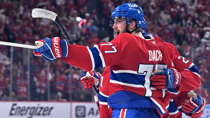 May 10, 2026; Montreal, Quebec, CAN; Montreal Canadiens forward Kirby Dach (77) celebrates with teammates after scoring a goal against the Buffalo Sabres during the third period in game three of the second round of the 2026 Stanley Cup Playoffs at the Bell Centre. Mandatory Credit: Eric Bolte-Imagn Images