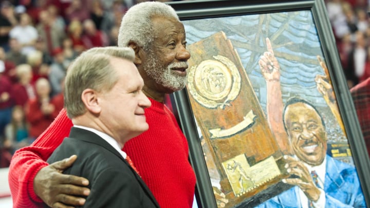 Arkansas Razorbacks former head coach Nolan Richardson smiles during a half time presentation at a game against the Tennessee Volunteers at Bud Walton Arena. Arkansas defeated Tennessee 73-60. 