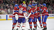 Apr 8, 2025; Montreal, Quebec, CAN; Montreal Canadiens goalie Sam Montembeault (35) celebrates the win against the Detroit Red Wings with teammates at the Bell Centre. Mandatory Credit: Eric Bolte-Imagn Images
