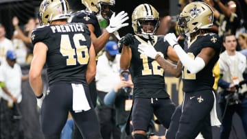 New Orleans Saints wide receiver Rashid Shaheed (22) celebrates his touchdown in the third quarter against the Tennessee Titans at the Caesars Superdome in New Orleans, La., Sunday, Sept. 10, 2023.