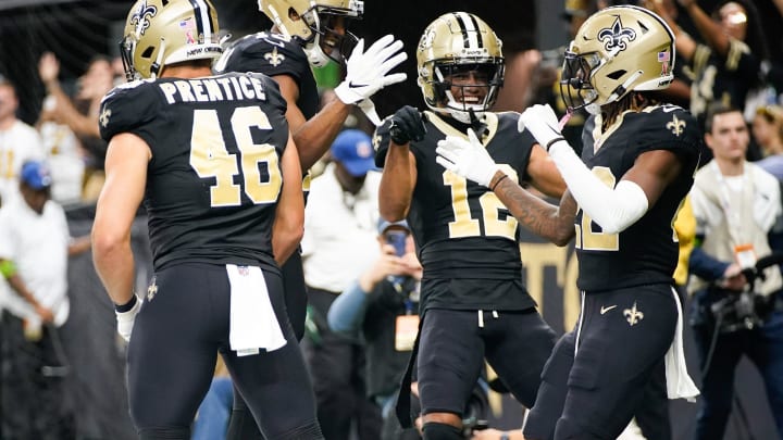 New Orleans Saints wide receiver Rashid Shaheed (22) celebrates his touchdown in the third quarter against the Tennessee Titans at the Caesars Superdome in New Orleans, La., Sunday, Sept. 10, 2023.