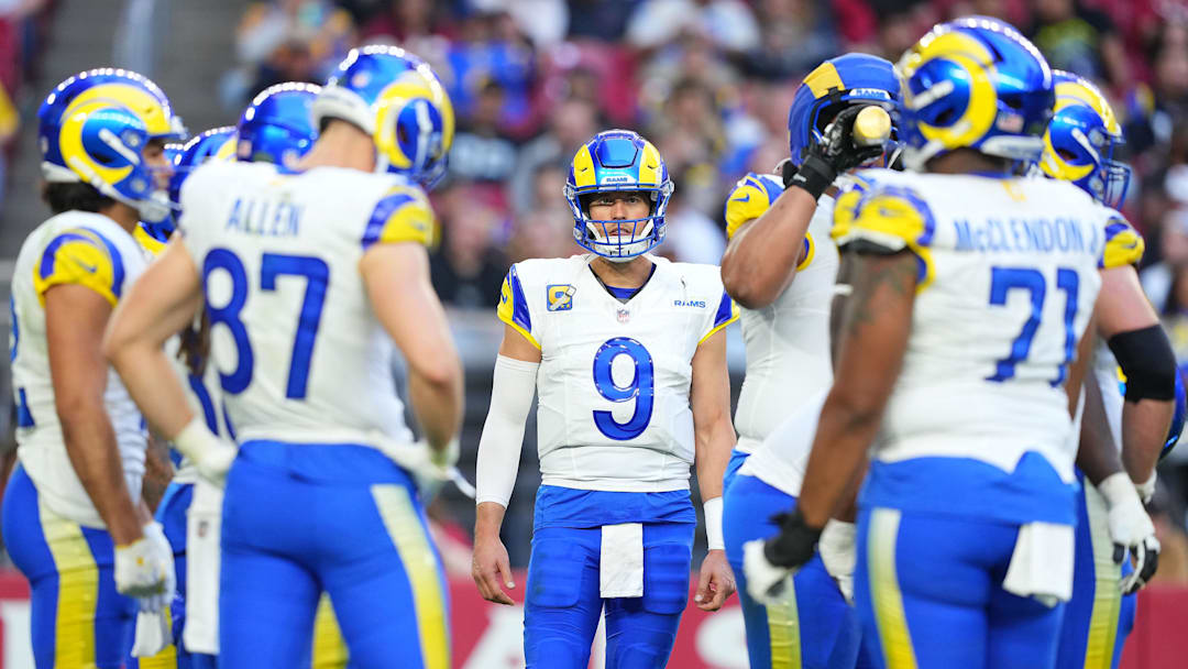 Dec 7, 2025; Glendale, Arizona, USA; Los Angeles Rams quarterback Matthew Stafford (9) during the second half at State Farm Stadium. Mandatory Credit: Joe Camporeale-Imagn Images