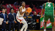 Nov 11, 2024; College Park, Maryland, USA; Maryland Terrapins guard Chance Stephens (13) takes a shot against Florida A&M Rattlers guard Sterling Young (4) during the second half at Xfinity Center.