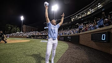 Jun 3, 2024; Chapel Hill, NC, USA; North Carolina Tar Heels Head Coach Scott Forbes (21) celebrates his team’s win over the Louisiana State Tigers in the Div. I NCAA baseball regional at Boshamer Stadium.  Mandatory Credit: Jeffrey Camarati-Imagn Images
