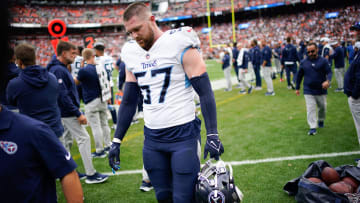 Tennessee Titans linebacker Luke Gifford (57) leaves the field late in the fourth quarter in Cleveland, Ohio, Sunday, Sept. 24, 2023.