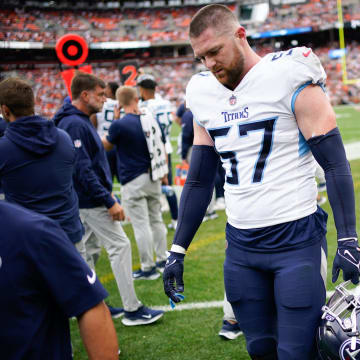 Tennessee Titans linebacker Luke Gifford (57) leaves the field late in the fourth quarter in Cleveland, Ohio, Sunday, Sept. 24, 2023.