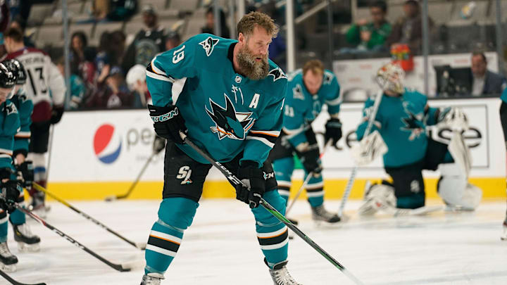 San Jose Sharks center Joe Thornton warms up before the game against the Colorado Avalanche.