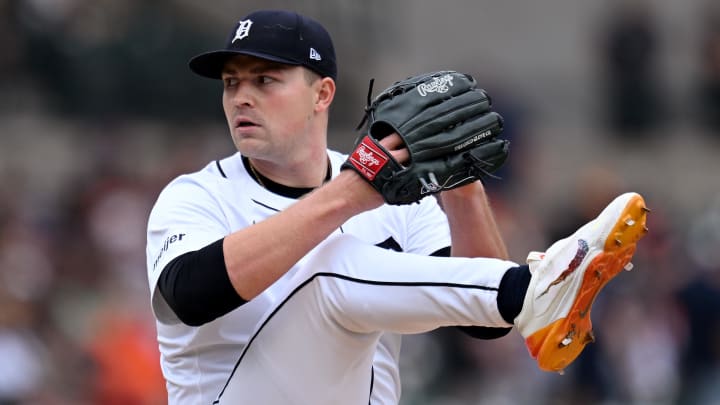 Jun 9, 2024; Detroit, Michigan, USA;  Detroit Tigers pitcher Tarik Skubal (29) throws a pitch against the Milwaukee Brewers in the seventh inning at Comerica Park.