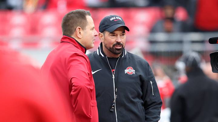 Nov 23, 2024; Columbus, Ohio, USA;  Ohio State Buckeyes head coach Ryan Day(right) and Indiana Hoosiers head coach Curt Cignetti meet at midfield before the game at Ohio Stadium. Mandatory Credit: Joseph Maiorana-Imagn Images